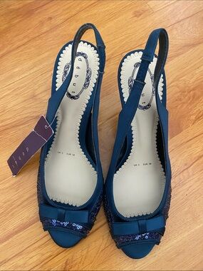 debut Navy Peep-Toe Slingback Heels with Bow and Sequin Trim